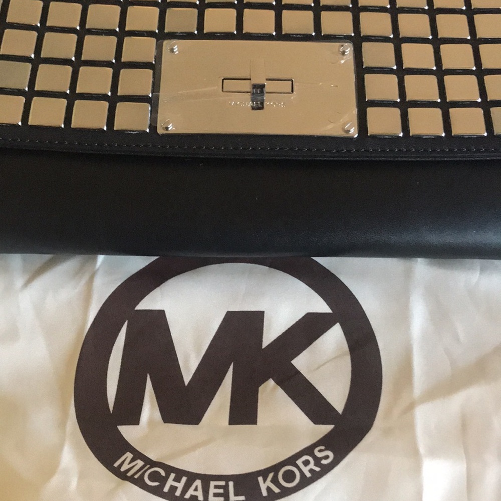 Michael Kors Leather Natalia Tile Black Clutch And Dust Bag NWT - Picture 3 of 7